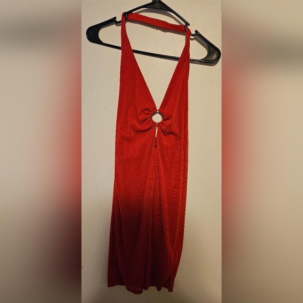 Red Halter Dress with Ring Detail